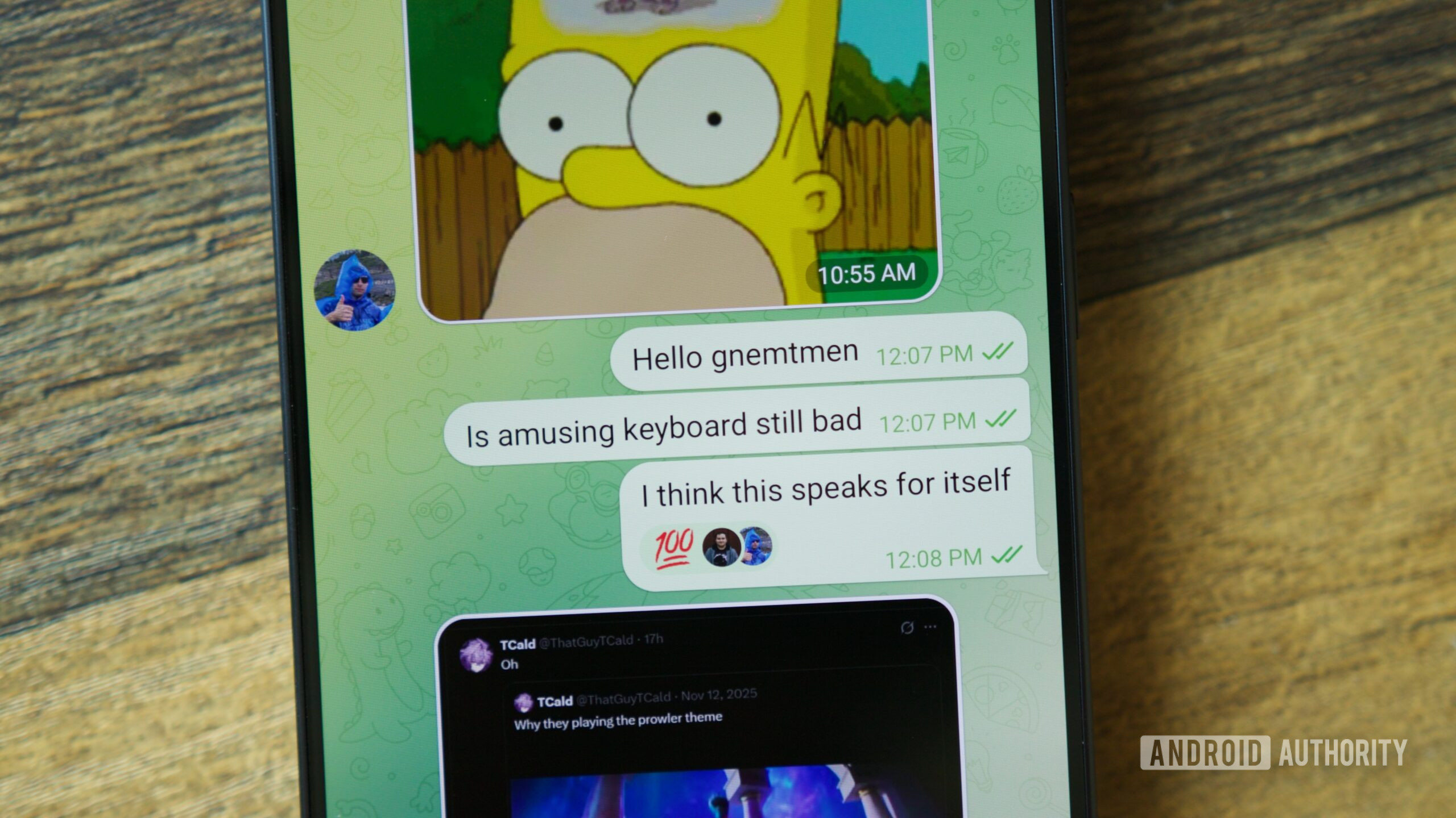 A group chat with typo-ridden messages, typed with Samsung Keyboard.