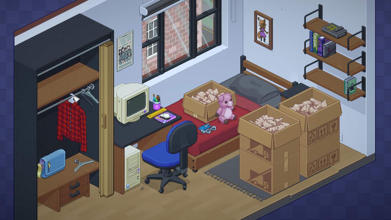 A screenshot from a video game, showing a bedroom with packing boxes.