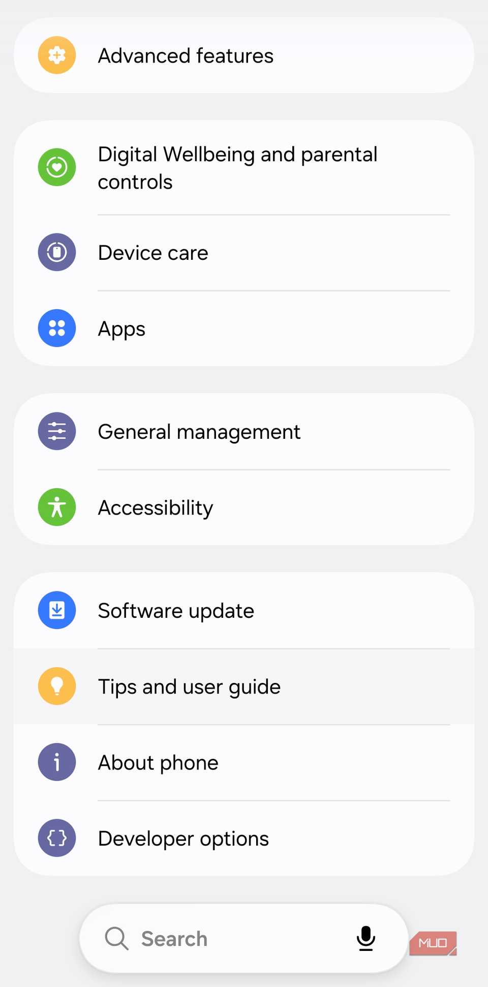Settings menu showing developer options on Android