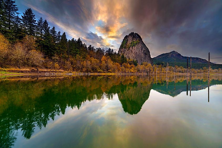 Beacon Rock along the Columbia River Gorge at sunset.