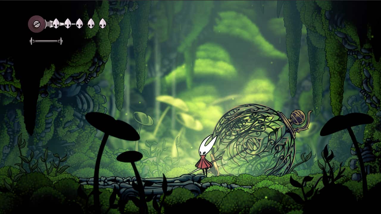 A screenshot from a video game, featuring an insect creature in a green environment.