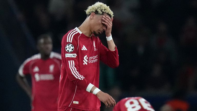 Hugo Ekitike reacts after Liverpool fall 2-0 down to PSG in the Champions League quarter-final first leg