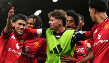 Manchester United celebrate JJ Gabriel's opener in the FA Youth Cup semi-final