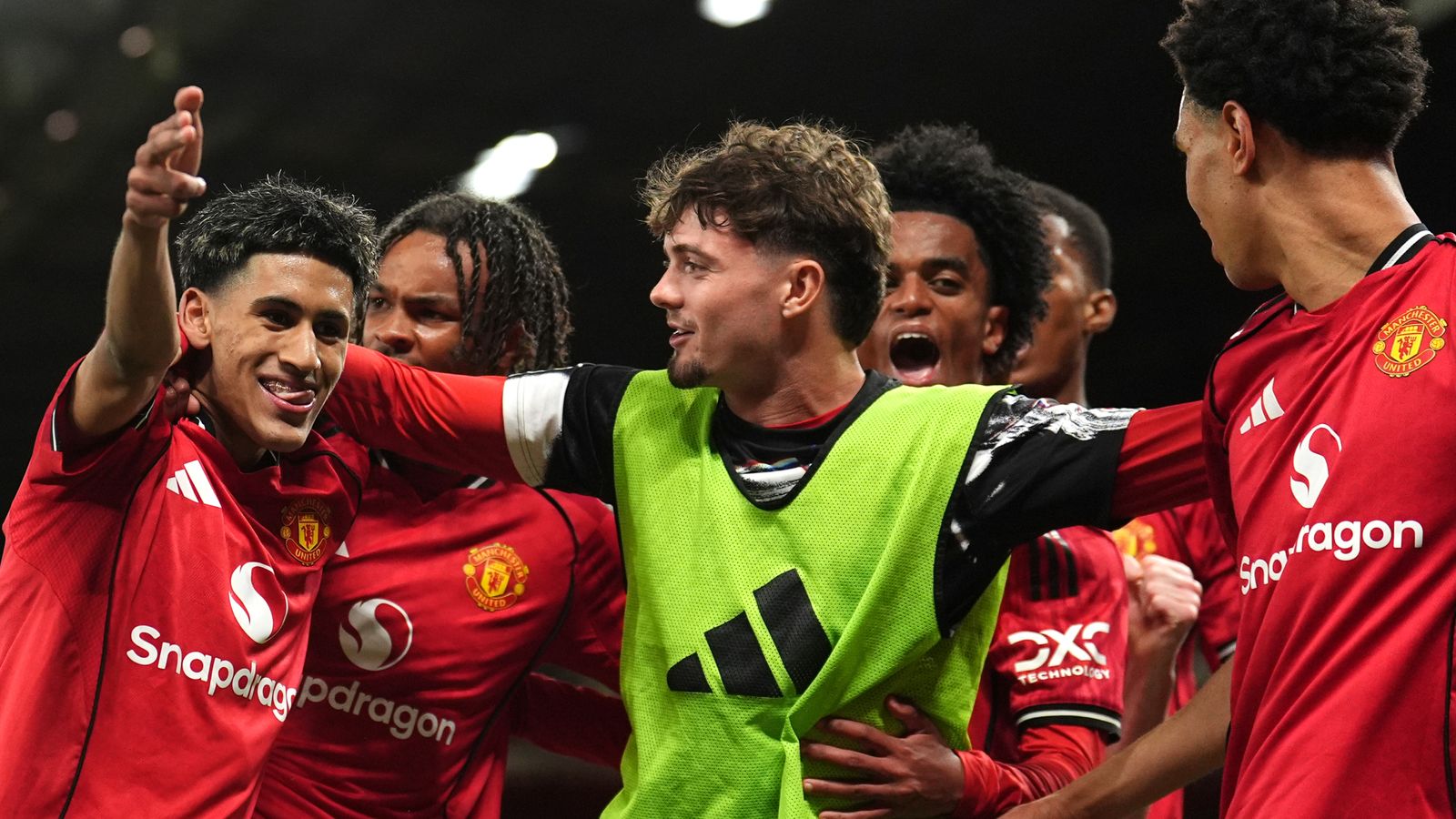 Manchester United celebrate JJ Gabriel's opener in the FA Youth Cup semi-final