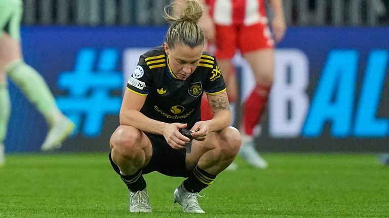 Manchester United's Julia Zigiotti Olme reacts after her side lose 2-1 to Bayern Munich