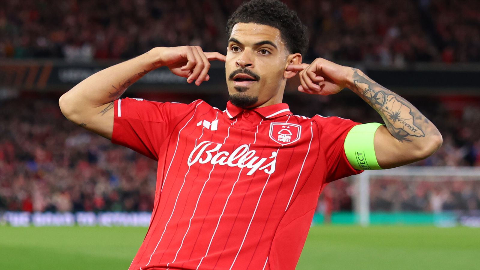 NOTTINGHAM, ENGLAND - APRIL 16: Morgan Gibbs-White of Nottingham Forest celebrates scoring his team's first goal during the UEFA Europa Leag