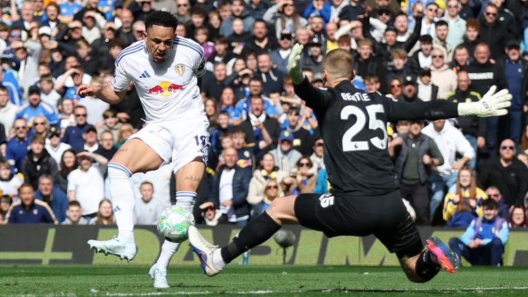Noah Okafor scores Leeds' second goal against Wolves