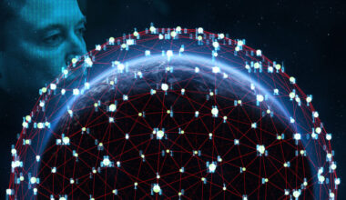 Illustration of Elon Musk in Space looking over a planet surrounded by satellites