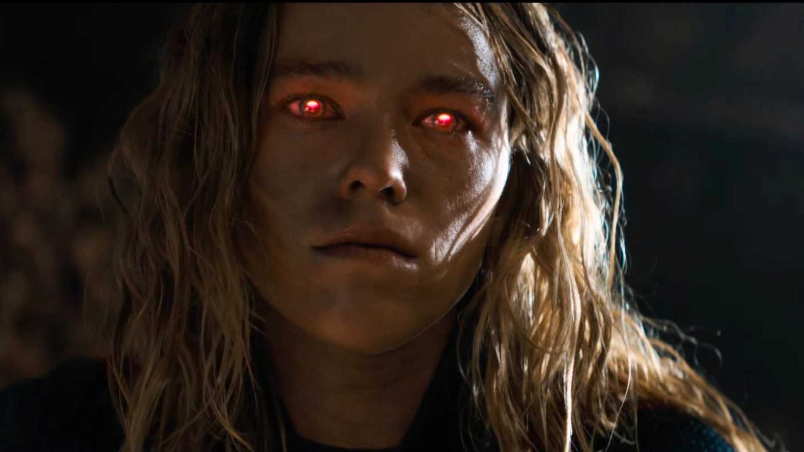 Supergirl with glowing red eyes.