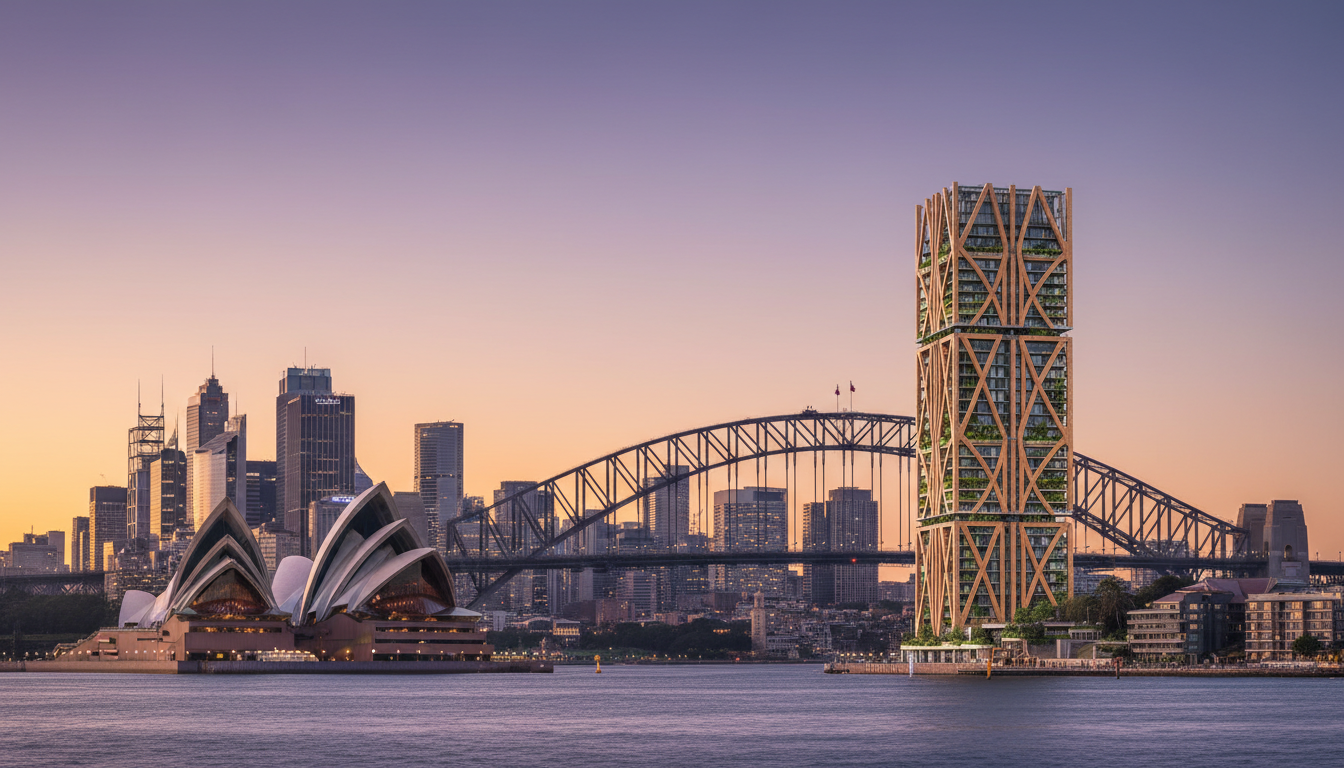 Sydney skyline with the wooden skyscraper standing out