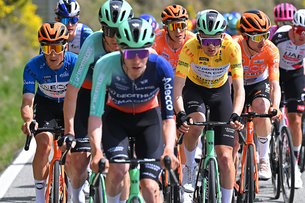 LEKUNBERRI, SPAIN - APRIL 07: (L-R) Andrew August of United States and Team INEOS Grenadiers - Blue Best Young Rider Jersey and Paul Seixas of France and Team Decathlon CMA CGM - Yellow Leader Jersey compete during the 65th Itzulia Basque Country 2026, Stage 2 a 164.1km from Pamplona-Iruna to Lekunberri 757m / #UCIWT / on April 07, 2026 in Lekunberri, Spain. (Photo by Tim de Waele/Getty Images)