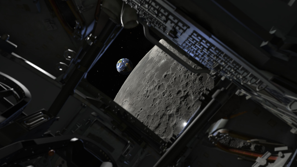 illustration of the distant earth rising over the moon's gray surface as seen through a spacecraft's window