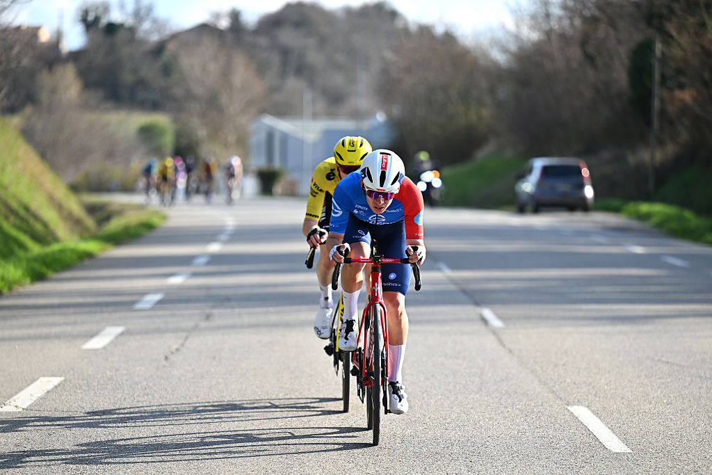 ETOILE-SUR-RHONE, FRANCE - MARCH 01: Romain Gregoire of France and Team Groupama - FDJ United competes in the breakaway during the 14th Faun Drome Classic 2026 a 189km one day race from Etoile-sur-Rhone to Etoile-sur-Rhone on March 01, 2026 in Etoile-sur-Rhone, France. (Photo by Billy Ceusters/Getty Images)