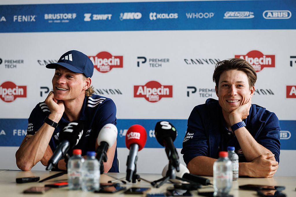 Dutch Mathieu van der Poel and Belgian Jasper Philipsen pictured during press conference of Alpecin-Premier Tech cycling team ahead of this year's Paris-Roubaix cycling race, Thursday 09 April 2026, in Gullegem, Belgium. The 123rd edition of Paris-Roubaix cycling races will take on Sunday, with the women riding 143,1 km the men riding 258,3 km on Sunday. BELGA PHOTO KURT DESPLENTER (Photo by KURT DESPLENTER / BELGA MAG / Belga via AFP)