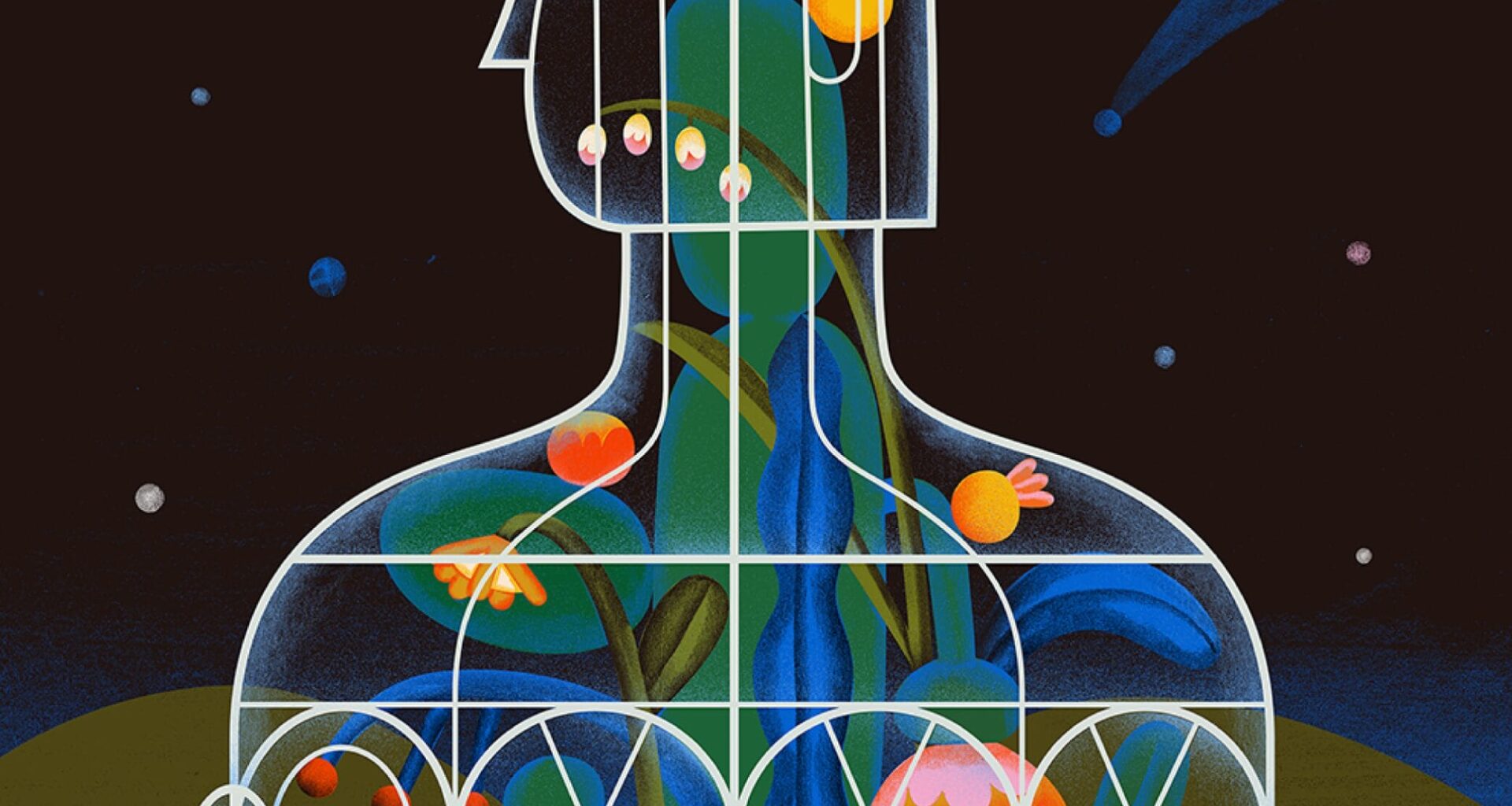 an illustration by tania yakunova of a figurative structure filled with palnts