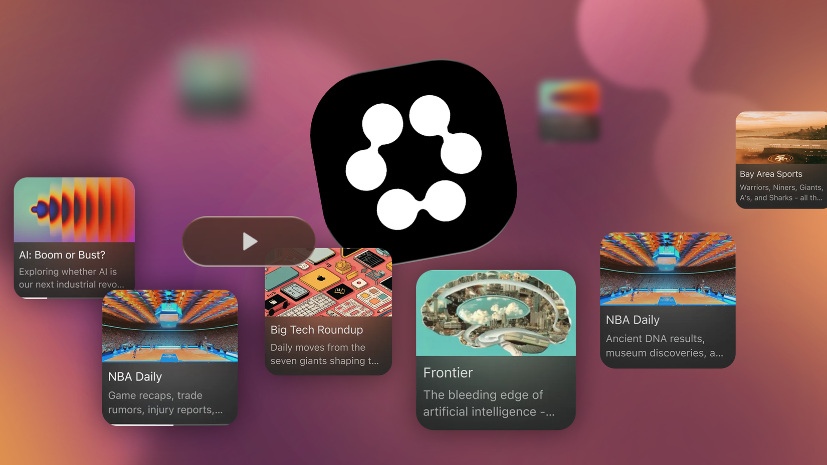 The black Huxe app icon surrounded by floating digital podcast cards.