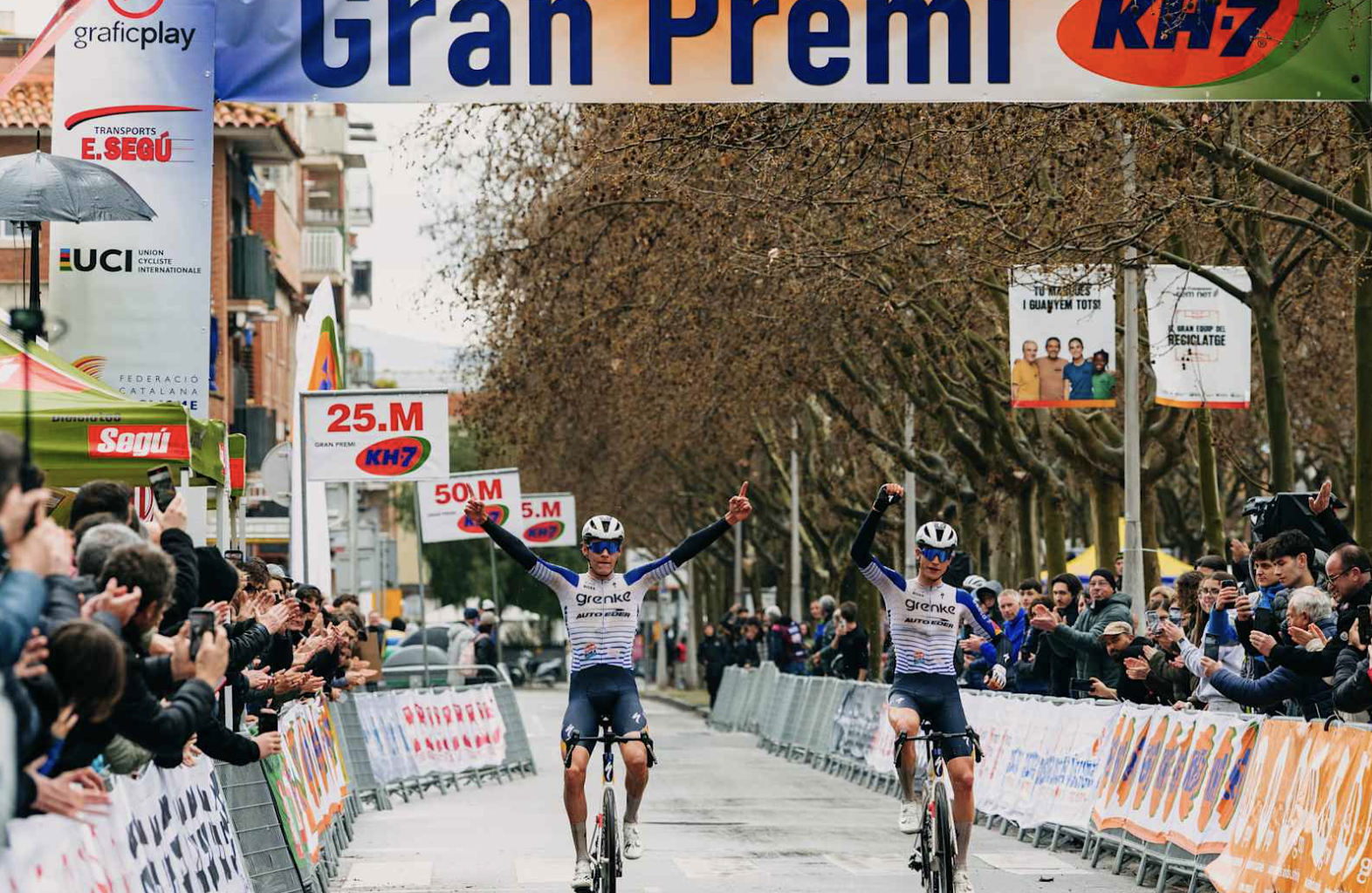 Enzo Hincapie (right) finishes second while teammate Julius Birkedal (left) celebrates the win at 2026 Gran Premi Les Franqueses