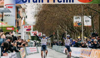 Enzo Hincapie (right) finishes second while teammate Julius Birkedal (left) celebrates the win at 2026 Gran Premi Les Franqueses