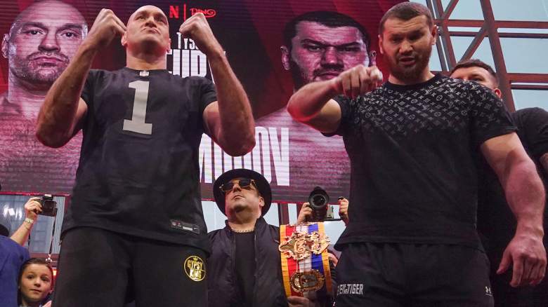 Tyson Fury and Arslanbek Makhmudov face off at weigh-in before their heavyweight fight.