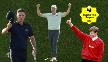 Cut outs of Justin Rose (left), Matt Fitzpatrick (centre) and Nick Faldo (right) with the Inside The Ropes sticker in the top-right corner