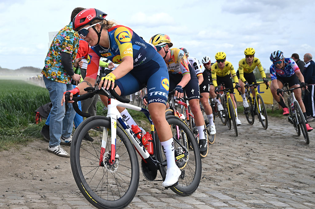 ROUBAIX, FRANCE - APRIL 12: Emma Norsgaard Bjerg of Denmark and Team Lidl - Trek competes during the 6th Paris-Roubaix Femmes Hauts-de-France 2026 - Women's Elite a 143.1km one day race from Denain to Roubaix / #UCIWWT / on April 12, 2026 in Roubaix, France. (Photo by Luc Claessen/Getty Images)