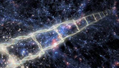 Universe’s expansion rate: Ghostly ladder of twisted light, going into the distance in front of a background of stars.