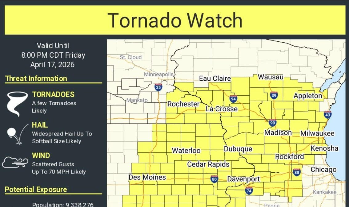 Tornado Watch Issued for All of Southern Wisconsin – In Effect Until 8 PM