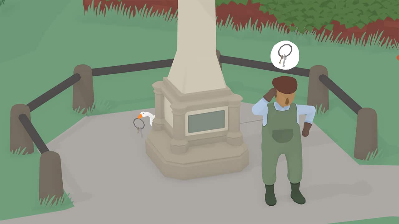 A screenshot of a video game in which a goose, hidden behind a statue, is holding some keys. A farmer is scratching his head in confusion, with a thought bubble showing keys.