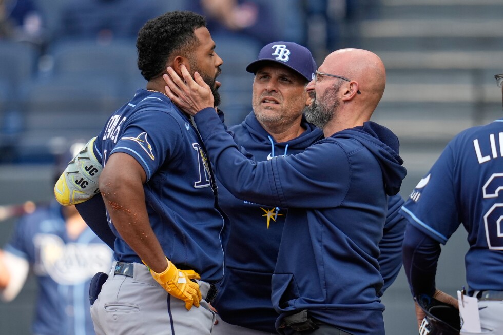 Rays' third baseman Junior Caminero leaves game vs. Guardians due to bruised jaw