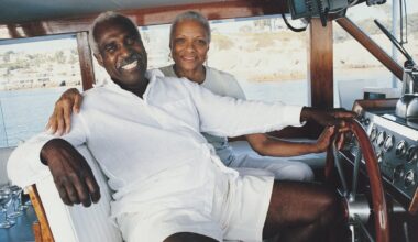 Happy retired couple on a boat.