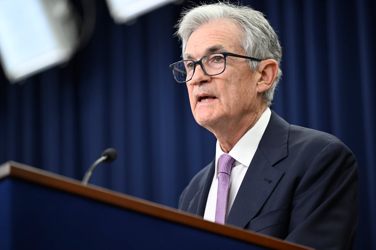 Jerome Powell delivering remarks to reporters following a Federal Open Market Committee meeting.