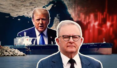 Donald Trump and Anthony Albanese loom in a stylised image over a map of Iran and an image of an oil tanker.