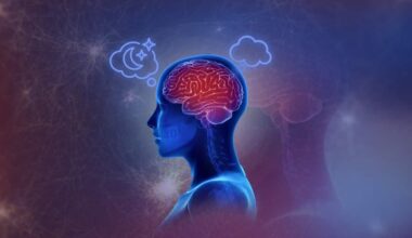 A graphic image of a person showing a depiction of their brain with bubbles floating above their head.