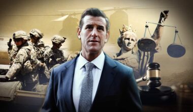 A composite image of a middle-aged white man, soldiers in uniform and a Lady Justice stature and gavel