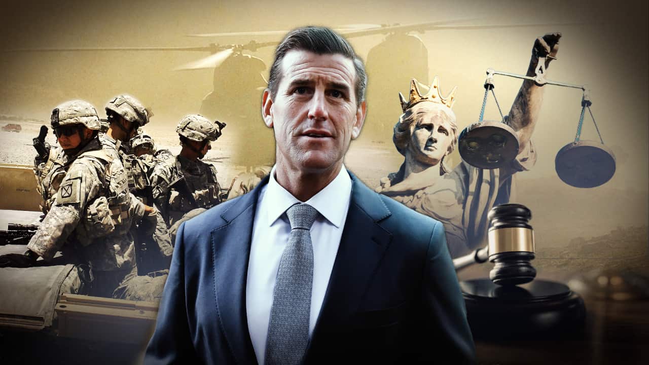 A composite image of a middle-aged white man, soldiers in uniform and a Lady Justice stature and gavel