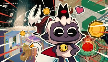 A graphic with several screenshots and images from video games collaged together, including pixellated hearts and coins.