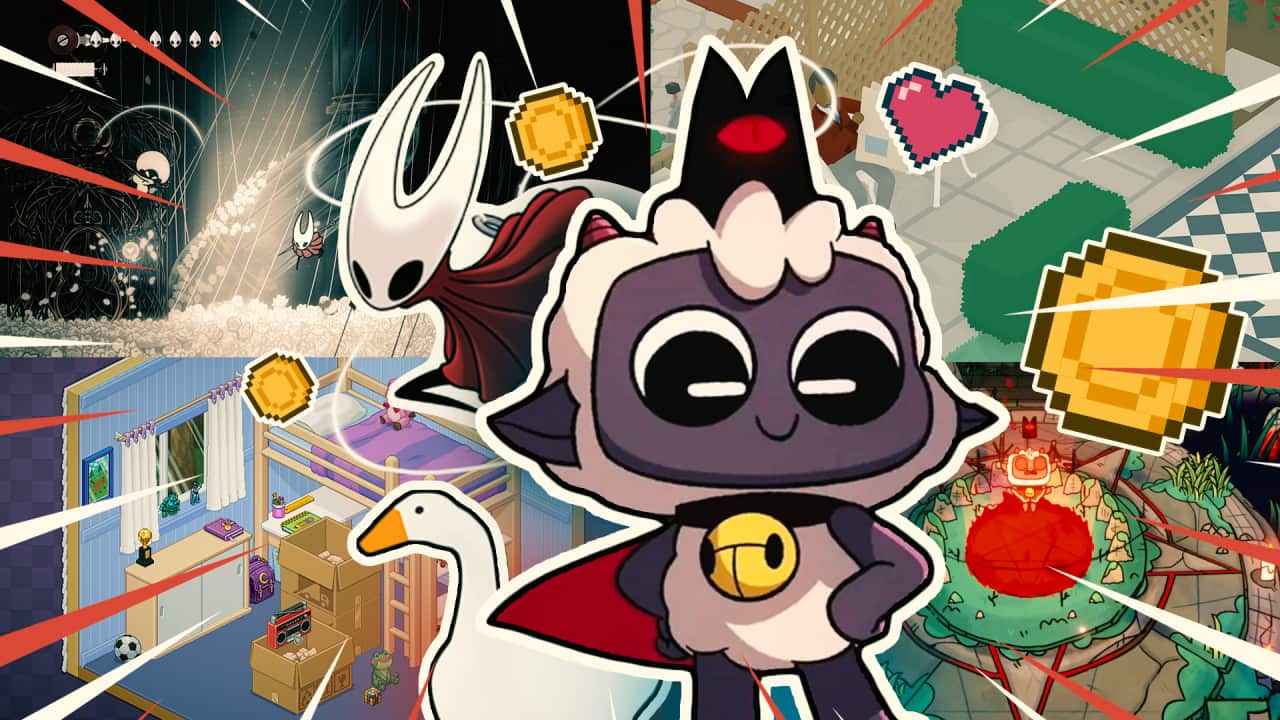 A graphic with several screenshots and images from video games collaged together, including pixellated hearts and coins.