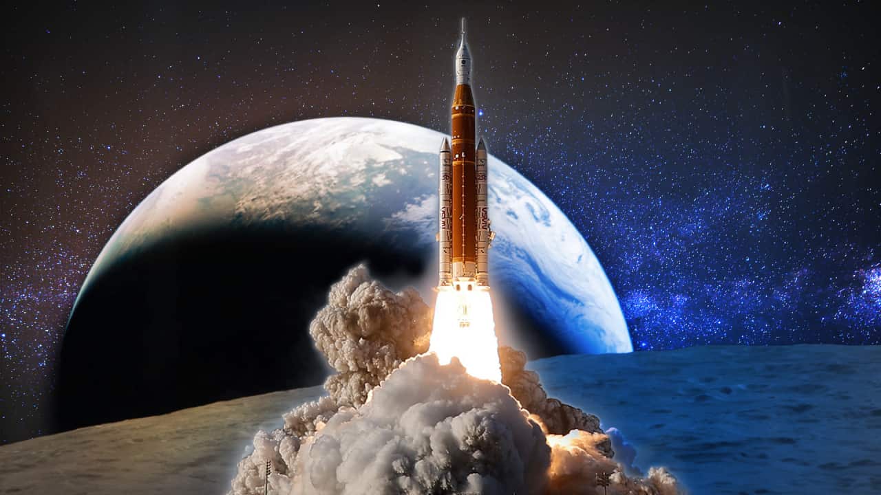 A composite of the Artemis II mission and the Moon