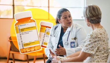 A graphic composite image shows a female doctor in a white coat, gesturing while speaking to an elderly patient, which is overlaid with two large prescription pill bottles.