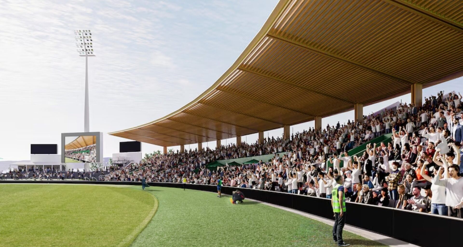 AFL Returns to UTAS Mid-Build as Work Starts on Timber-Concrete Grandstand