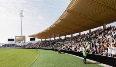 AFL Returns to UTAS Mid-Build as Work Starts on Timber-Concrete Grandstand