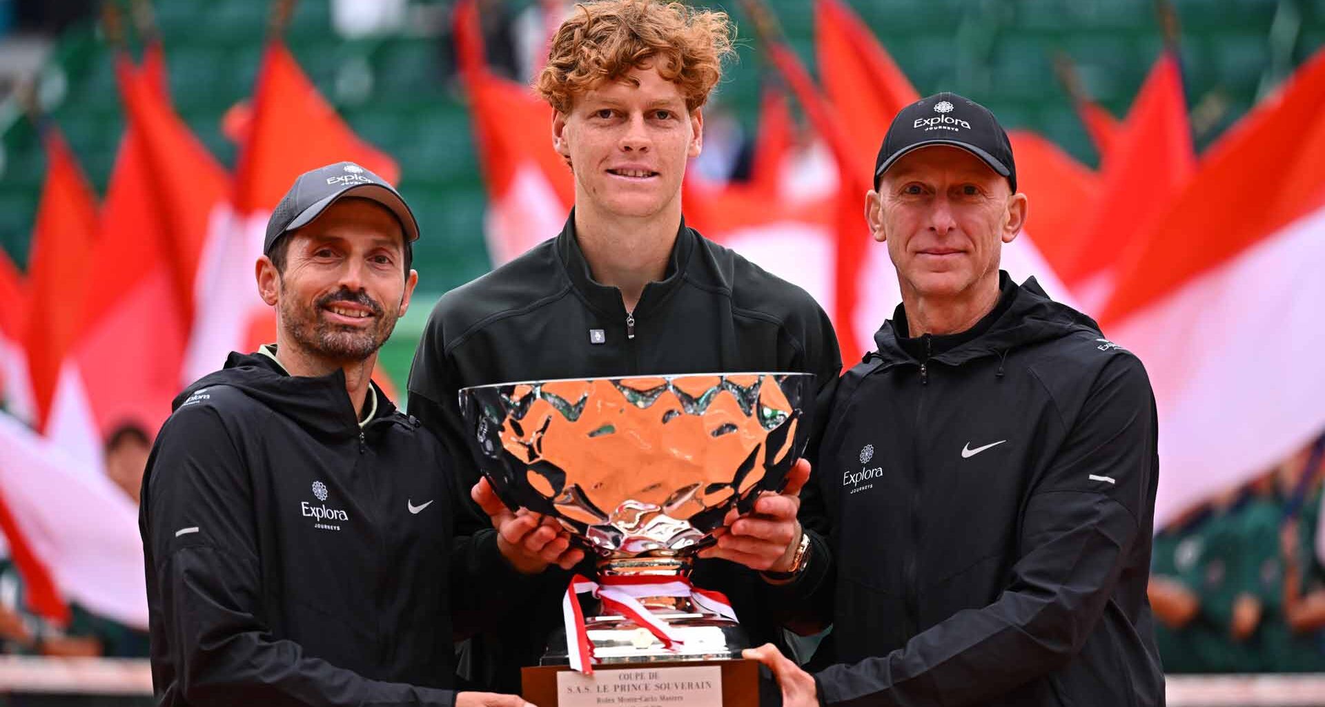 Simone Vagnozzi, Jannik Sinner and Umberto Ferrara celebrate Sinner's Monte-Carlo triumph.