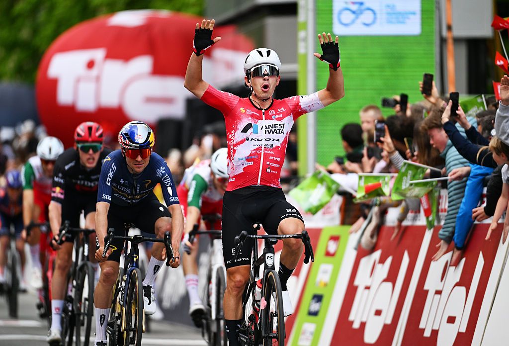 INNSBRUCK, AUSTRIA - APRIL 20: Tommaso Dati of Italy and Team Ukyo celebrates at finish line as stage winner during the 48th Tour of the Alps 2026, Stage 1 a 144.3km stage from Innsbruck to Innsbruck on April 20, 2026 in Innsbruck, Austria. (Photo by Tim de Waele/Getty Images)