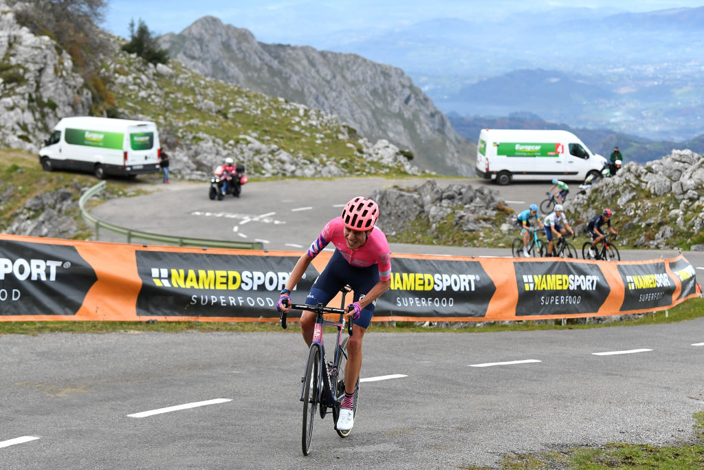 Hugh Carthy leads the way up the Alto de l'Angliru during the 2020 men's Vuelta a Espa&ntilde;a