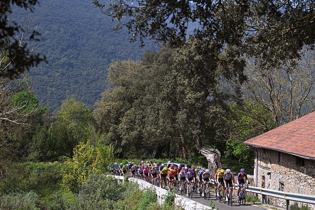 EIBAR, SPAIN - APRIL 10: A general view of the peloton competing during the 65th Itzulia Basque Country 2026, Stage 5 a 176.2km stage from Eibar to Eibar / #UCIWT / on April 10, 2026 in Eibar, Spain. (Photo by Tim de Waele/Getty Images)
