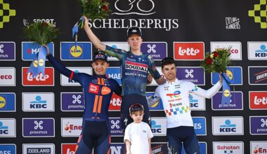 The Schledeprijs podium (L-R) Pavel Bittner, race winner Tim Merlier and Emilien Jeanniere
