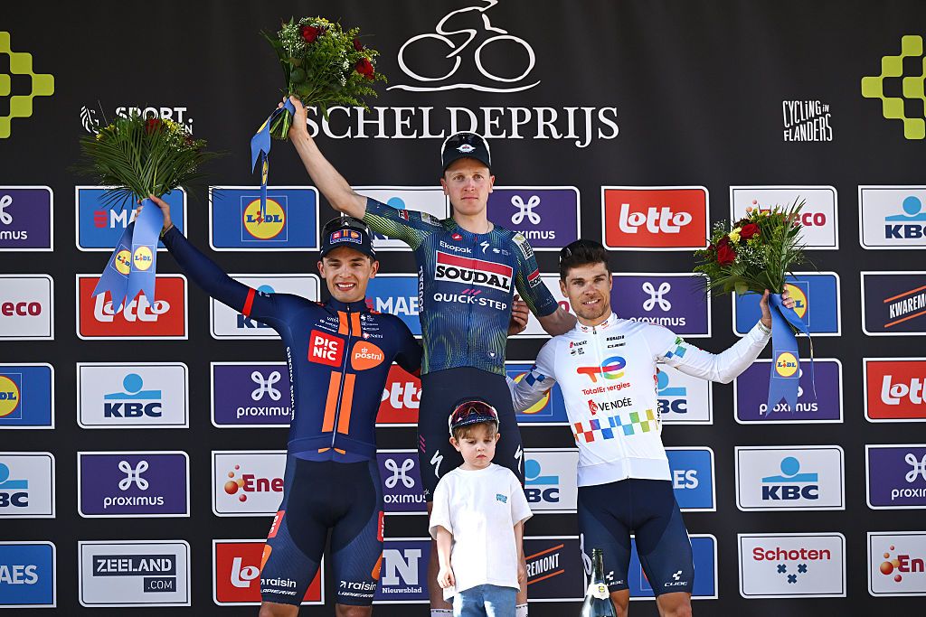 The Schledeprijs podium (L-R) Pavel Bittner, race winner Tim Merlier and Emilien Jeanniere