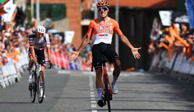 Axel Laurance of INEOS Grenadiers (R) celebrates at finish line as stage winner ahead of Igor Arrieta of UAE Team Emirates - XRG on Itzulia Basque Country 2026, Stage 3. (Photo by Tim de Waele/Getty Images)