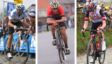 A split image showing Alejandro Valverde, Vincenzo Nibali, and Tadej Pogačar