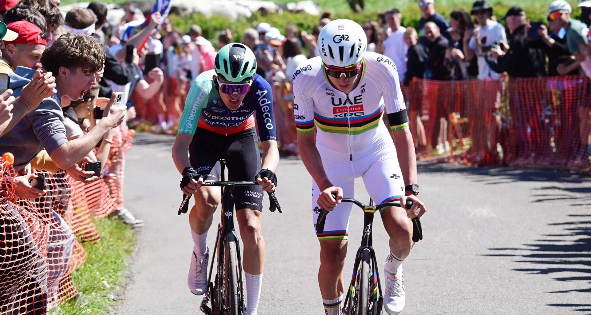 Paul Seixas of Team Decathlon CMA CGM and Tadej Pogacar of UAE Team Emirates - XRG compete in the breakaway during Liege - Bastogne - Liege 2026 - (Photo by Bernard Papon - Pool/Getty Images)